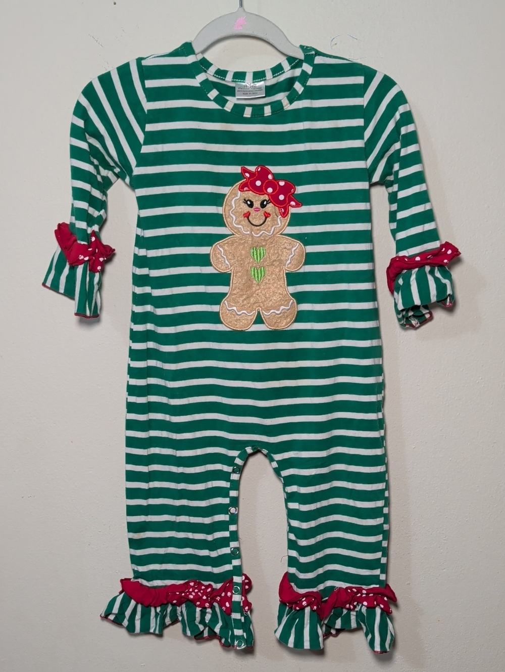 Green + White Striped Gingerbread Girl Romper Ruffle Sleeves Christmas 18-24M